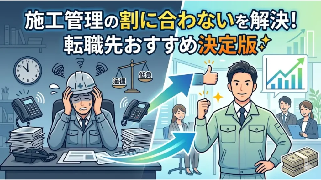 施工管理の仕事が割に合わないと悩む技術者が、おすすめのホワイトな転職先を見つけて生き生きと働く様子を描いた比較イラスト。「施工管理 割に合わない 転職先 おすすめ」の解決策を提示するアイキャッチ画像。
