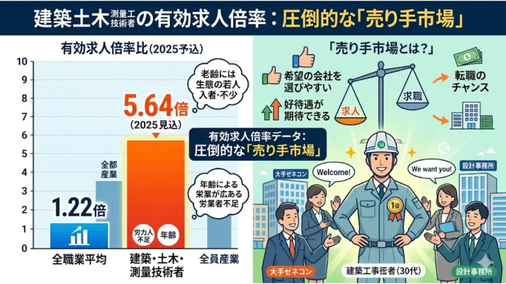 全職業平均（1.22倍）と建築・土木・測量技術者（5.64倍）の有効求人倍率を比較したデータグラフ。施工管理が割に合わないと悩む有資格者に向けて、圧倒的な売り手市場である現状と、おすすめの転職先を見つけやすい市場価値の高さを解説するインフォグラフィック画像。