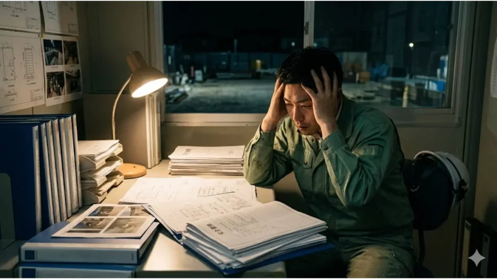 夜間の現場事務所で、デスクの上に積まれた大量の安全書類や図面を前に頭を抱えて疲弊する日本人の施工管理技術者。業務量が割に合わないと限界を迎える構造的な原因をリアルに描写し、おすすめの転職先を模索する心理を表現した写真。