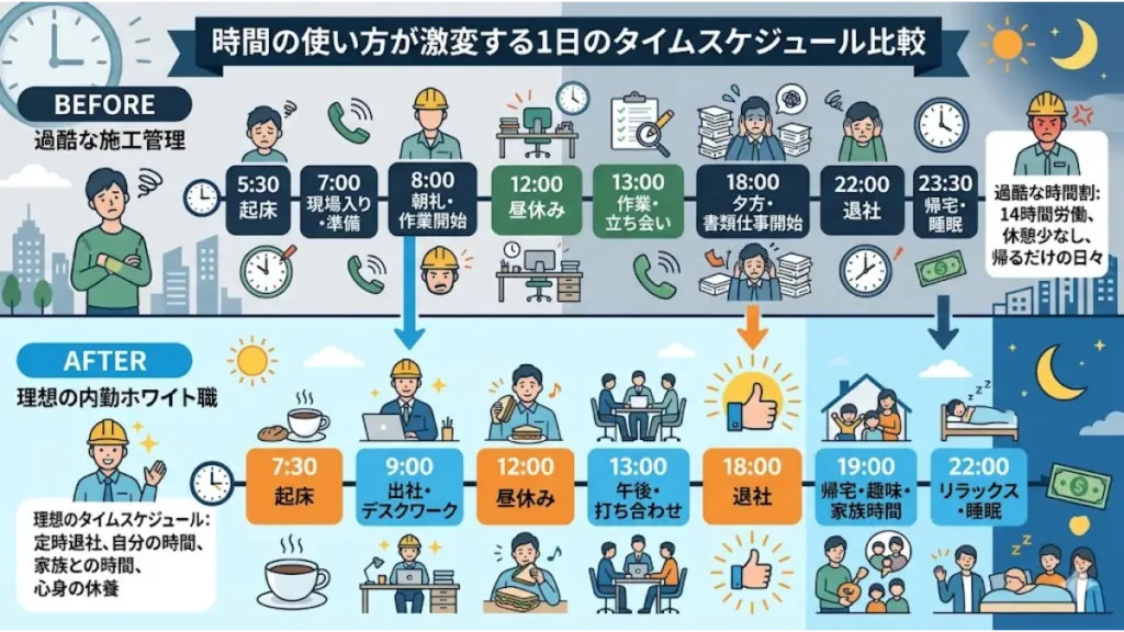 過酷な施工管理（BEFORE）と理想の内勤ホワイト職（AFTER）の1日のタイムスケジュールを比較したインフォグラフィック図解。「施工管理 割に合わない 転職先 おすすめ」の解決策として、転職によって激変する時間の使い方や定時退社、プライベート時間の確保を視覚的に分かりやすく説明した画像。