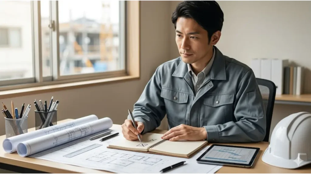 明るい現場事務所のデスクで、広げた図面やタブレット端末を前に、自身のこれまでの経験や強みをノートに書き出しながら棚卸しチェックを行う誠実な日本人技術者の写真。施工管理の仕事が割に合わないと感じる方が、次のおすすめの転職先を見つけるための実務スキル整理をイメージした画像。