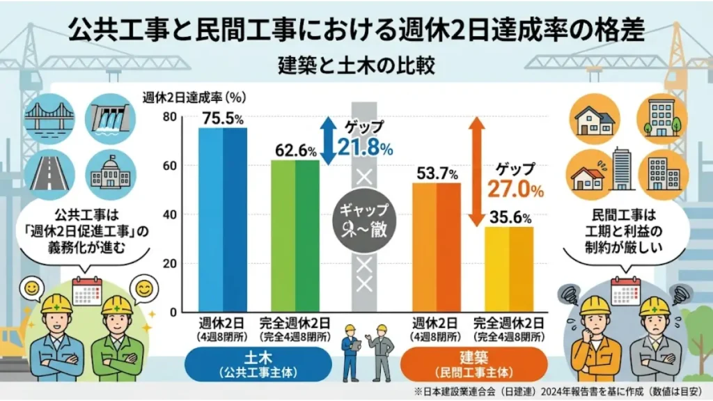 公共工事(土木)と民間工事(建築)における週休2日達成率の格差を比較したグラフ。民間建築現場における完全週休2日の達成率が35.6%と低い実態を示しており、「施工管理を辞めたい30代」が直面する「残業多すぎ」な労働環境の構造的背景を説明する図解。