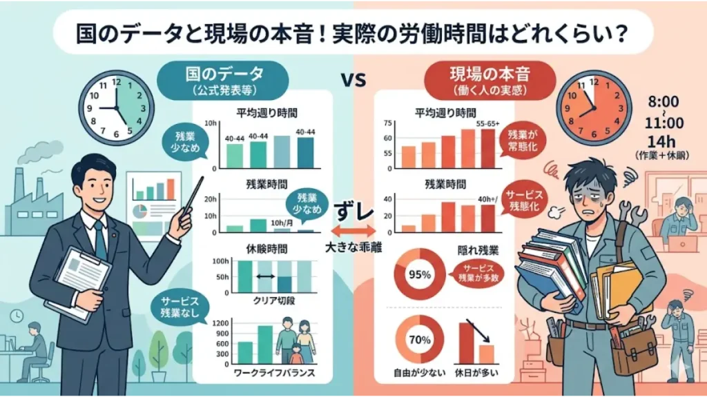 国の公式データ(残業少なめ、サービス残業なし)と現場の本音(残業の常態化、隠れ残業の発生)に生じている大きな乖離を比較したインフォグラフィック。「施工管理を辞めたい30代」の技術者が直面している、実際の労働時間が長く「残業多すぎ」な労働環境の実態を説明する図解。