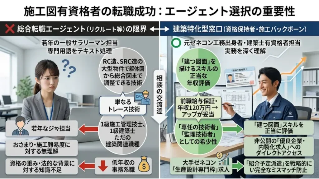施工図有資格者が、専門知識不足の総合転職エージェント(左)で低年収を提示される限界と、実務と資格を正当評価し年収アップ交渉を行う建築特化型窓口(右)を選ぶべきロジックを可視化した比較図解インフォグラフィック
