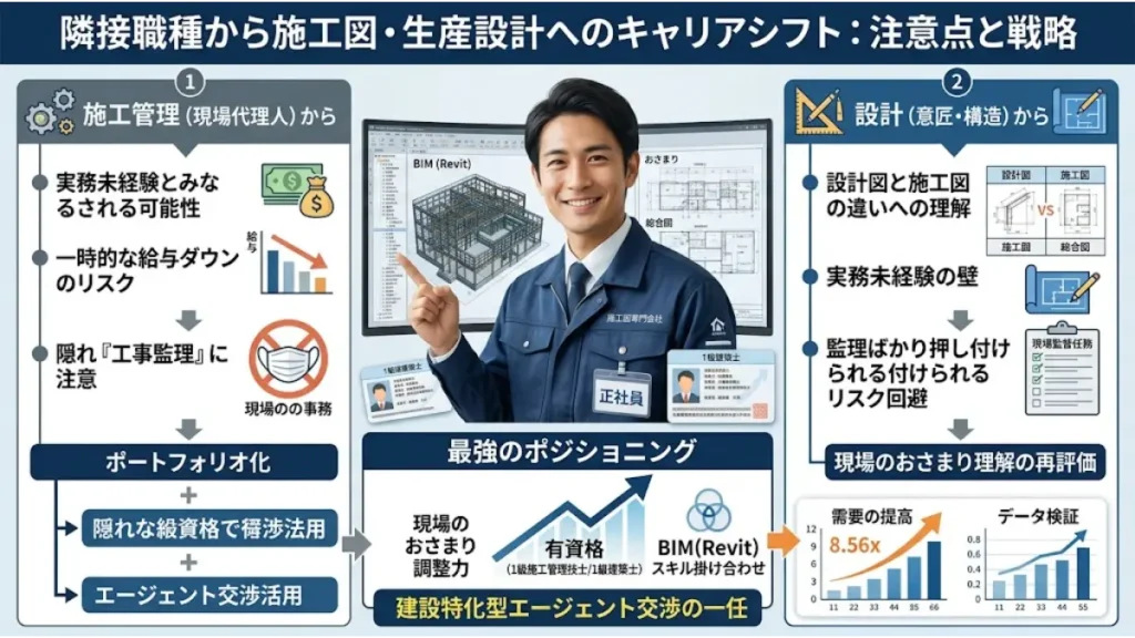 施工図専門業者の派遣から正社員への転職を成功させるために、施工管理や設計などの隣接職種からキャリアシフトする際の注意点と戦略をまとめた解説インフォグラフィック