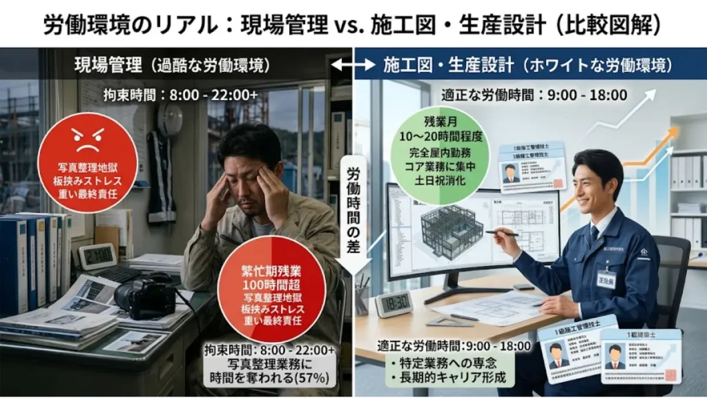 施工図専門業者の派遣から正社員へのキャリア転換メリットを伝える、過酷な現場管理の拘束時間とホワイトな施工図・生産設計の労働環境を可視化した比較図解インフォグラフィック