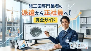 施工図専門業者の派遣から正社員への転職成功をイメージした、オフィスで3D施工図のモニターを前に笑顔を見せる男性技術者のアイキャッチ画像