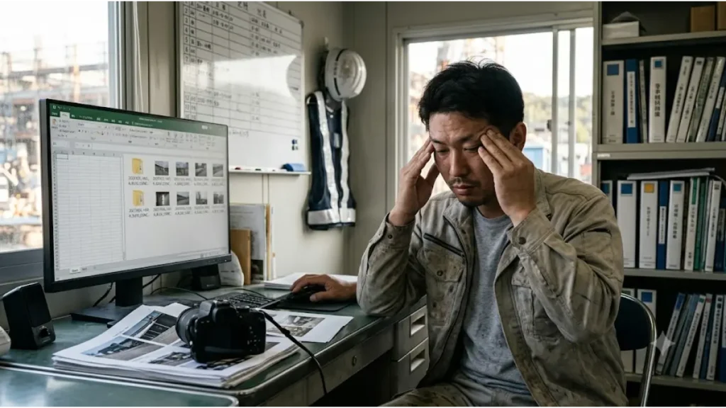 施工図専門業者の派遣から正社員への転換を検討する背景となる、現場事務所のパソコン前で終わらない工事写真整理に頭を抱えて絶望する現場監督のリアルな写真