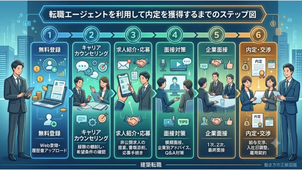 「設備施工管理 給排水 辞めたい 転職先」と悩む技術者に向けた、転職エージェントを活用して内定を獲得するまでの6つのステップ図。無料登録からキャリアカウンセリング、求人紹介・応募、面接対策、企業面接、内定・条件交渉までの具体的な流れがイラストとアイコンで分かりやすく解説されているインフォグラフィック画像。