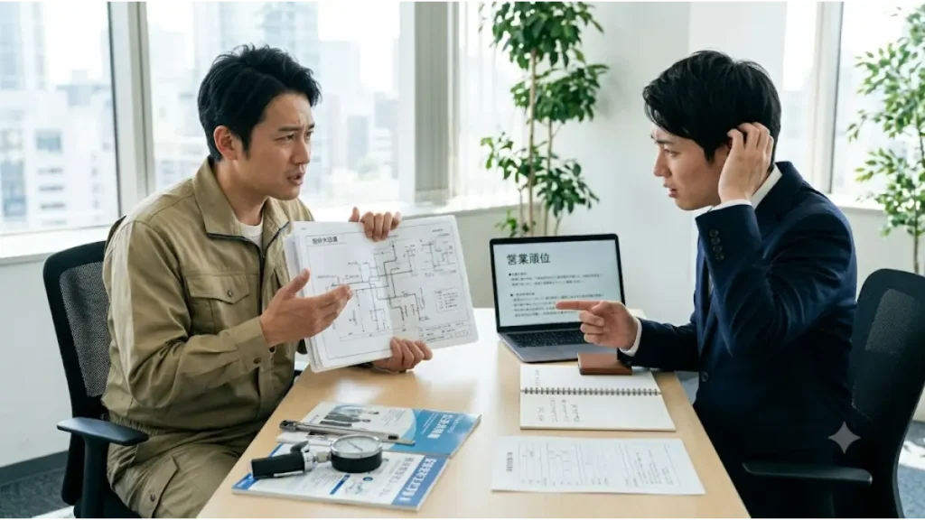 普通の転職エージェントを使うと失敗しやすい理由を表現した画像。作業着を着た技術者が給排水設備の複雑な配管図面を見せながら現場の課題を必死に訴えているものの、専門知識を持たない一般的なエージェント担当者が内容を理解できず困惑しており、「設備施工管理 給排水 辞めたい 転職先」と悩む求職者が直面しやすいコミュニケーションのミスマッチを描いています。