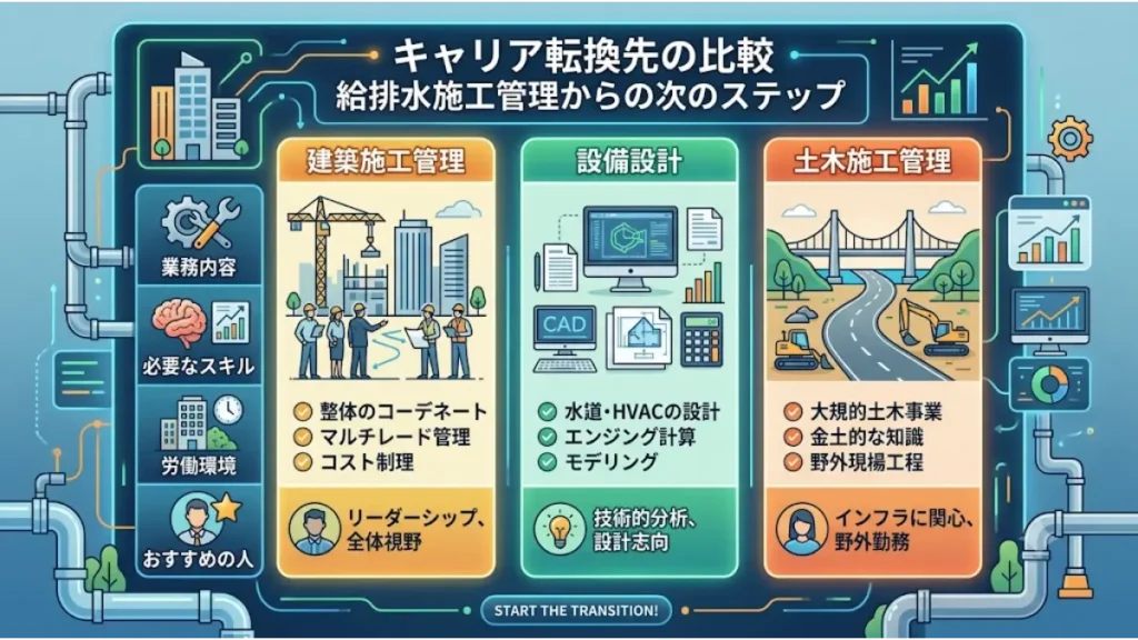 「設備施工管理 給排水 辞めたい 転職先」と悩む技術者に向けた、キャリア転換先の比較図解イラスト。給排水の現場経験を活かせる次のステップとして、建築施工管理、設備設計、土木施工管理の職種を、業務内容や必要なスキル、労働環境などの軸で分かりやすく解説しているインフォグラフィック画像。