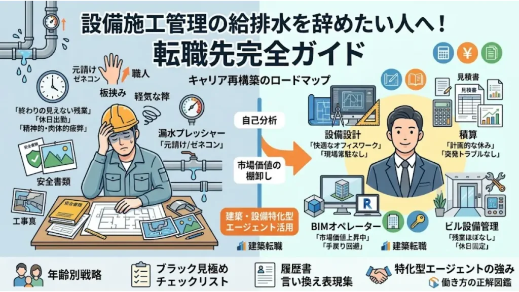 設備施工管理（給排水）を辞めたい技術者のための転職先完全ガイドのアイキャッチ画像。左側につらい現場で悩む作業着の男性、右側に新しい転職先として設備設計・積算・BIMオペレーター・ビル設備管理の4職種と、建築転職エージェントによるキャリア再構築のロードマップが分かりやすく描かれています。