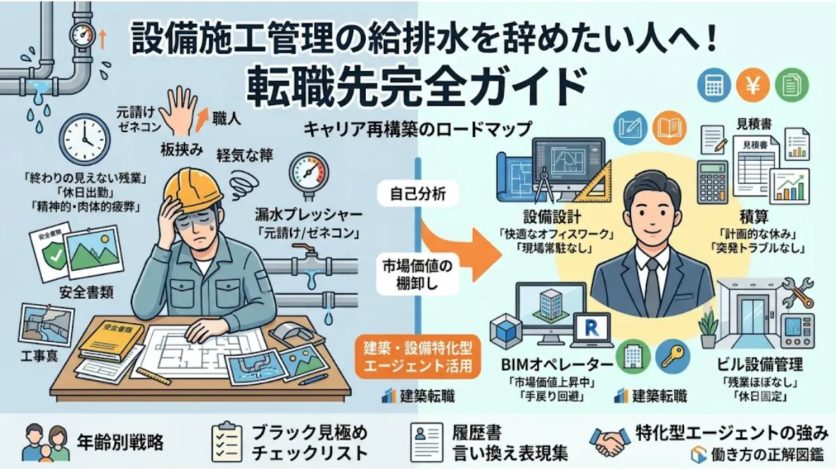 設備施工管理（給排水）を辞めたい技術者のための転職先完全ガイドのアイキャッチ画像。左側につらい現場で悩む作業着の男性、右側に新しい転職先として設備設計・積算・BIMオペレーター・ビル設備管理の4職種と、建築転職エージェントによるキャリア再構築のロードマップが分かりやすく描かれています。