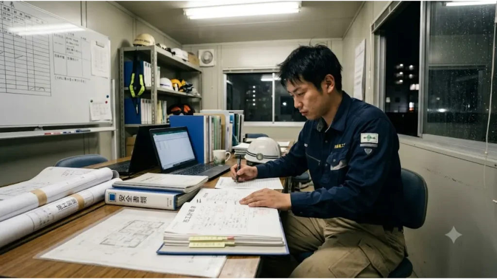 毎日深夜まで続く残業と書類作りのつらさに悩み、「設備施工管理 給排水 辞めたい 転職先」と検索する技術者の現状を表現した画像。夜間の現場仮設事務所で、デスクの上に安全書類や施工図面を広げ、パソコンの横で一人黙々と書類作成の事務作業に追われる日本人男性技術者のリアルな様子。