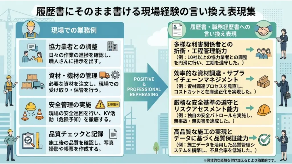 「設備施工管理 給排水 辞めたい 転職先」と悩む技術者に向けた、履歴書にそのまま書ける現場経験の言い換え表現集の図解イラスト。左側に「協力業者との調整」「安全管理の実施」などの具体的な現場業務例、右側に「利害関係者との折衝能力」「リスクアセスメント能力」など、職務経歴書で高く評価されるポータブルスキルへの言い換え表現が対比で分かりやすく描かれているインフォグラフィック画像。