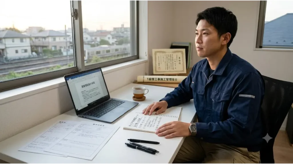 「設備施工管理 給排水 辞めたい 転職先」と悩む技術者が、理想の未来へ進むためのロードマップを表現した画像。明るい光が差し込む部屋のデスクで、ノートパソコンやキャリアの棚卸し書類を前に、前を向いて新しい一歩を踏み出そうとしている誠実な日本人男性技術者のリアルな様子。