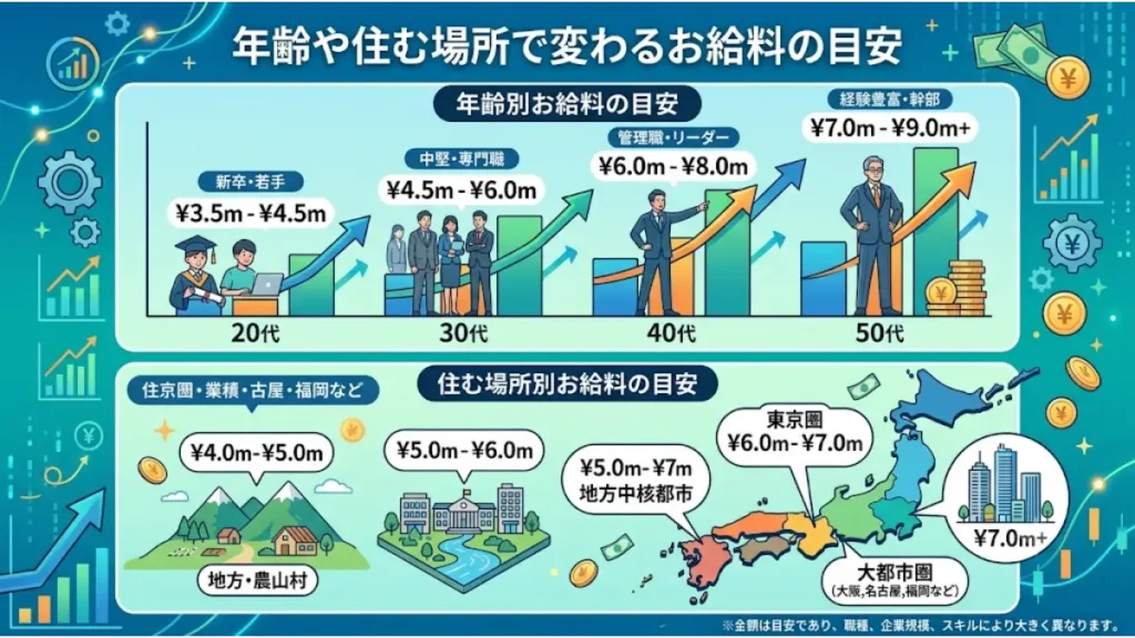 「設備施工管理 給排水 辞めたい 転職先」と悩む技術者に向けた、年齢や住む場所で変わるお給料（年収）の目安を比較した図解イラスト。上段に20代から50代までの年代別年収の推移、下段に東京圏や大都市圏、地方などの地域別の給与格差がグラフや日本地図で分かりやすく解説されているインフォグラフィック画像。