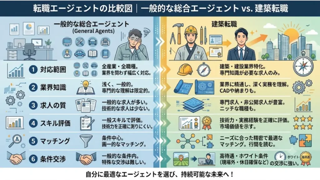 設備施工管理で40代になり体力限界を感じて転職を考えている技術者に向け、一般的な総合エージェントと建築業界特化型の「建築転職」におけるサポート体制や業界知識、条件交渉力の違いを比較したインフォグラフィック図解