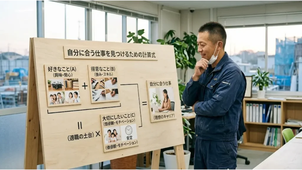 設備施工管理で40代になり体力限界を感じている技術者が、オフィスで「自分に合う仕事を見つけるための計算式」が書かれたボードを見つめ、これからの転職や理想のキャリアについて考えている様子
