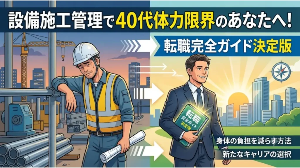 設備施工管理で40代になり体力限界を迎えた技術者が、明るい未来へ転職してスーツ姿で笑顔になる様子を表現したアイキャッチ画像