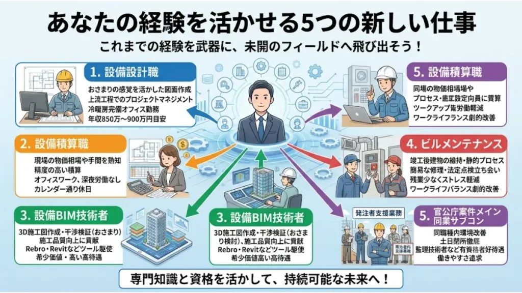設備施工管理で40代になり体力限界を迎えた技術者が、自身の経験や国家資格を活かしてキャリアチェンジできる5つの新しい仕事(設備設計・設備積算・設備BIM・ビル管理など)への転職ルートを示したインフォグラフィック図解