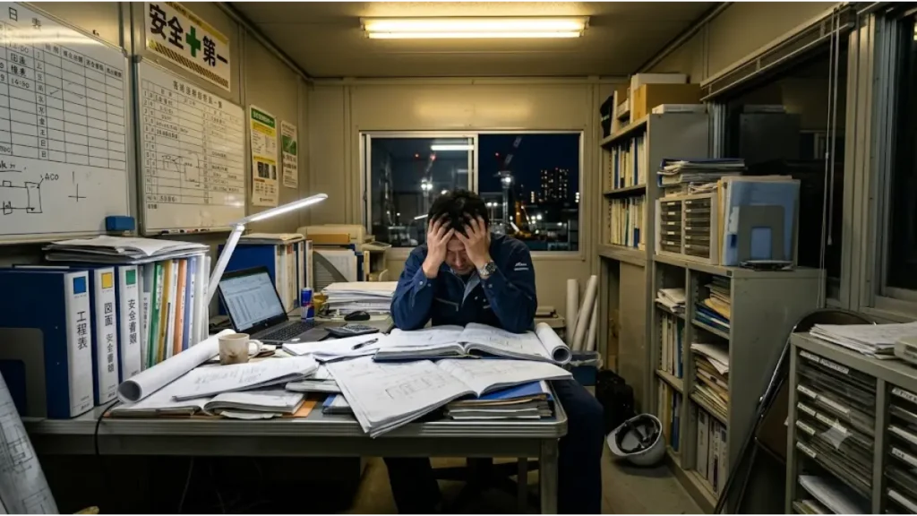 設備施工管理の現場で40代になり体力限界を迎えた管理者が、深夜のプレハブ事務所で山積みの図面や安全書類を前に頭を抱え、転職を思い詰めている様子