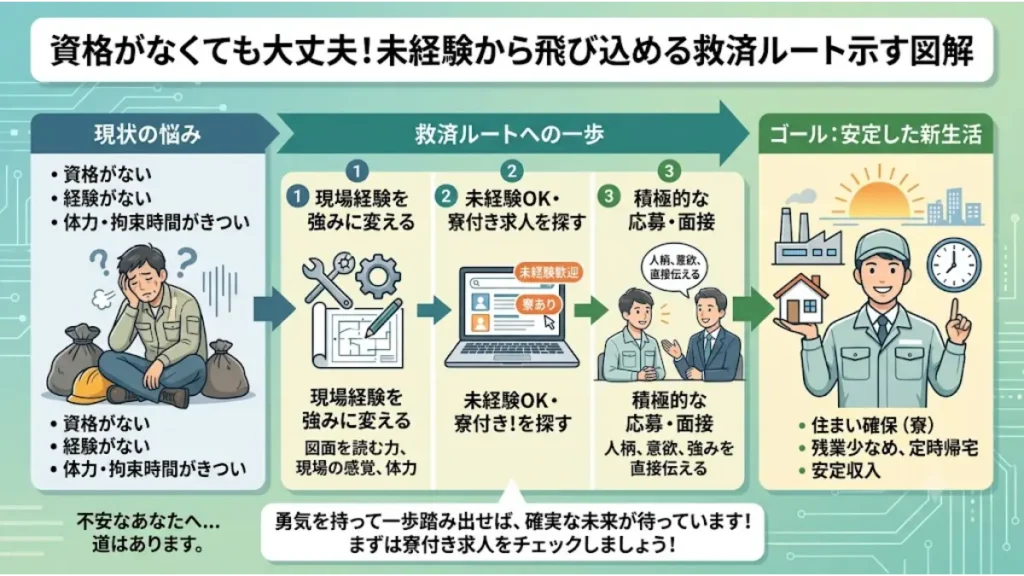 設備施工管理で40代になり体力限界を迎えて転職を考えている無資格・未経験の人に向けて、現場経験の強みを活かしつつ寮付き求人などを経由して安定した新生活へ進む救済ルートを解説したインフォグラフィック図解