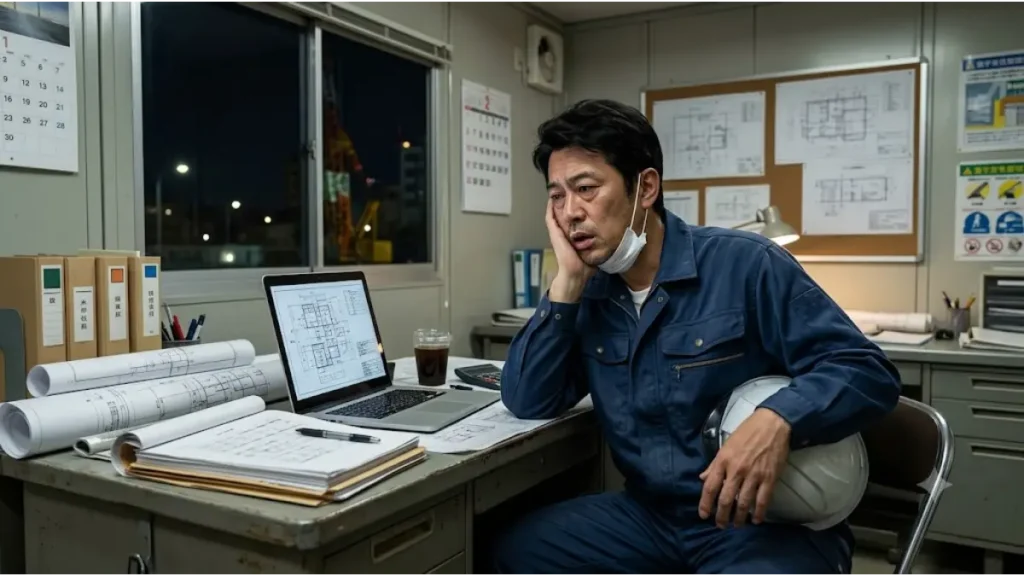 設備施工管理の仕事で40代になり体力限界を感じる技術者が、夜間の現場事務所で大量の図面や書類を前に転職を考えて疲弊しているリアルな様子
