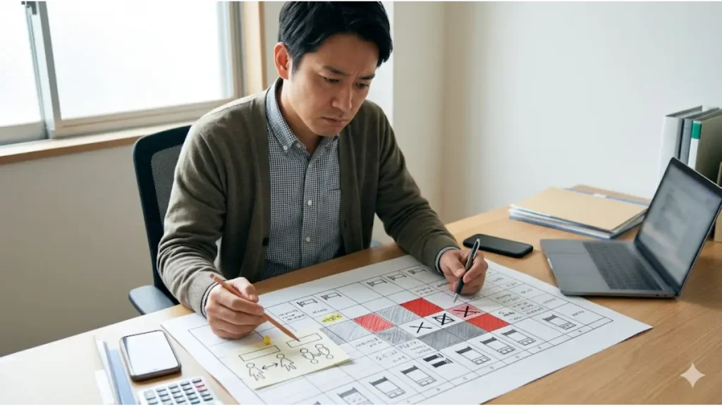 同時応募・同室確保を阻む物理的な制約(寮・社員寮の満室や空き状況の制約)を、日本の派遣会社事務所のデスクで、困惑した表情でペンを手に複雑な部屋割りチャートを見る日本人男性コーディネーターの手元。チャートには、同室希望のペアが、空き室の不足や条件不一致により、別々の部屋に割り当てざるを得ない状況が、赤線や×印の記号(文字なし)で示されている。