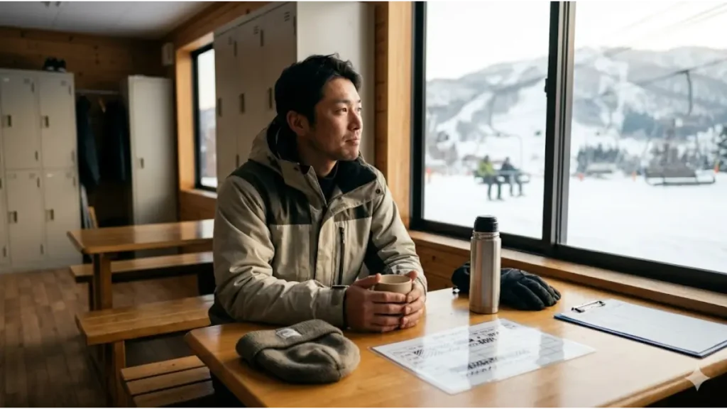 誠実そうな日本人男性スキー場リフト係が、窓から雪景色のリフトを見ながら休憩室でマグカップを持っている。テーブルには脱いだ制服と、交代時間がぼやけて書かれたシフト表が置かれている。16:9のフォトリアルな画像。