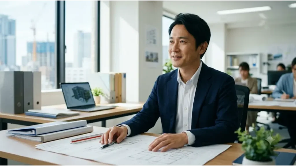 一級建築士の40代転職において、安心できるサポート体制を選び、幸福なキャリア継続を実現した男性技術者の誠実な笑顔。明るいオフィスで新しい図面と道具を前に、将来を見据えている。