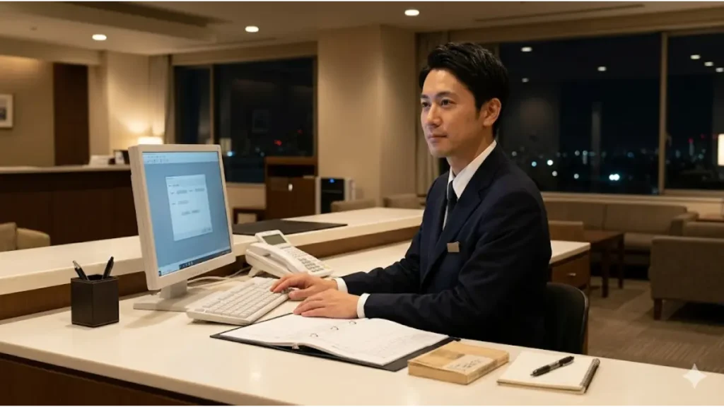 『夜勤手当で効率よく稼げて自分の時間も作れるナイトフロント』の現場のリアル。夜間のホテルフロントカウンターで、誠実そうな日本人男性スタッフが、パソコン作業の手元を落ち着かせ、一息つきながら窓の外の夜景を穏やかな表情で眺めている。デスクには、真面目な仕事の道具とさりげなく自分の時間(文庫本)が共存している。16:9のフォトリアルな画像。