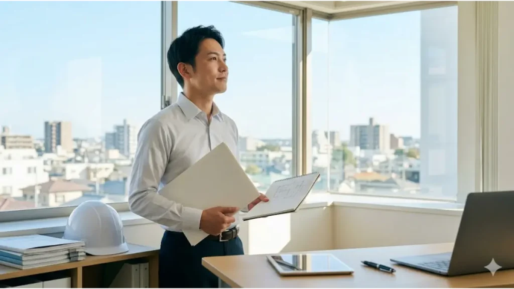 「施工管理を辞めたい30代の技術者が、残業多すぎな日々から抜け出し、国家資格と経験を糧に新しいホワイトなキャリアへの一歩を踏み出す準備をする誠実な姿。整頓されたオフィスの窓辺で、希望に満ちた表情で未来を見つめる、日本の働く男性のポートレート。16:9比率、自然光撮影、フォトリアル。」